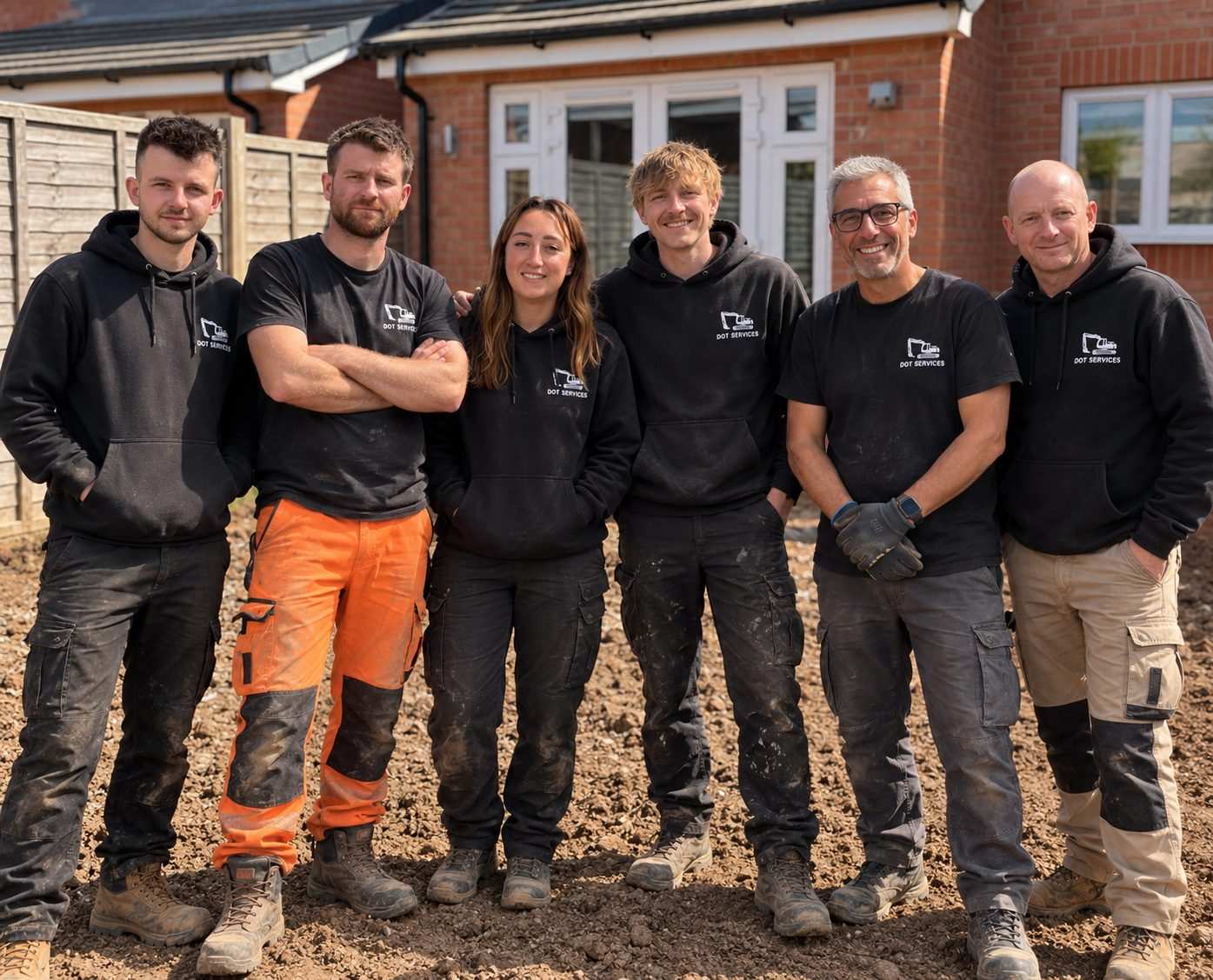 The DOT Services team of six standing together on a residential building site, wearing black DOT Services branded hoodies and t-shirts, in front of a red-brick house.