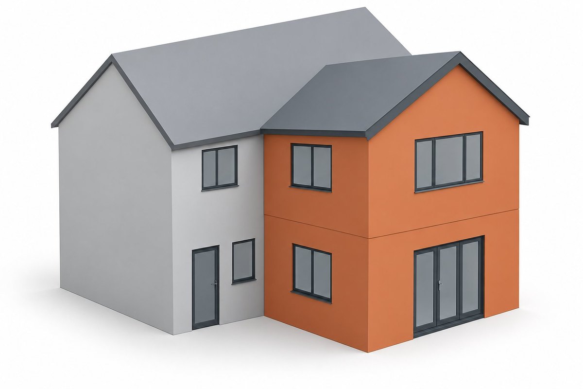 Illustration of a two-storey side and rear extension adding space on both floors of a house.