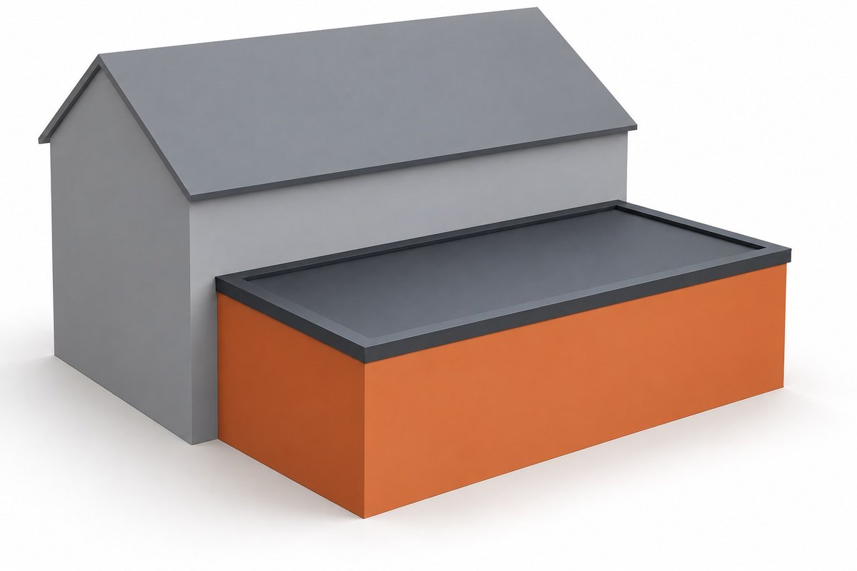 Illustration of a single-storey rear extension with a flat roof added to the back of a house.