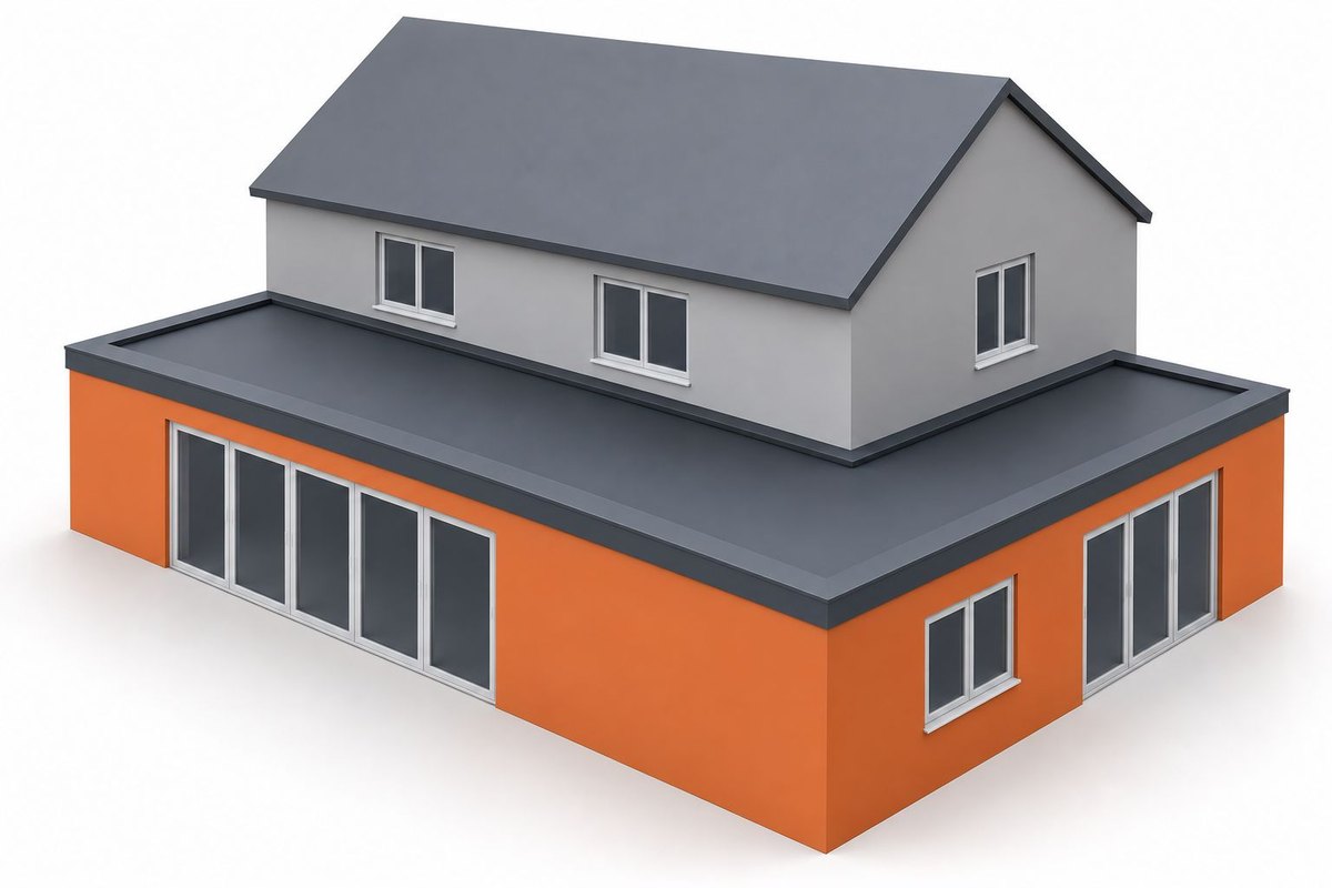 Illustration of an L-shaped wrap-around extension combining a rear and side extension around a house.