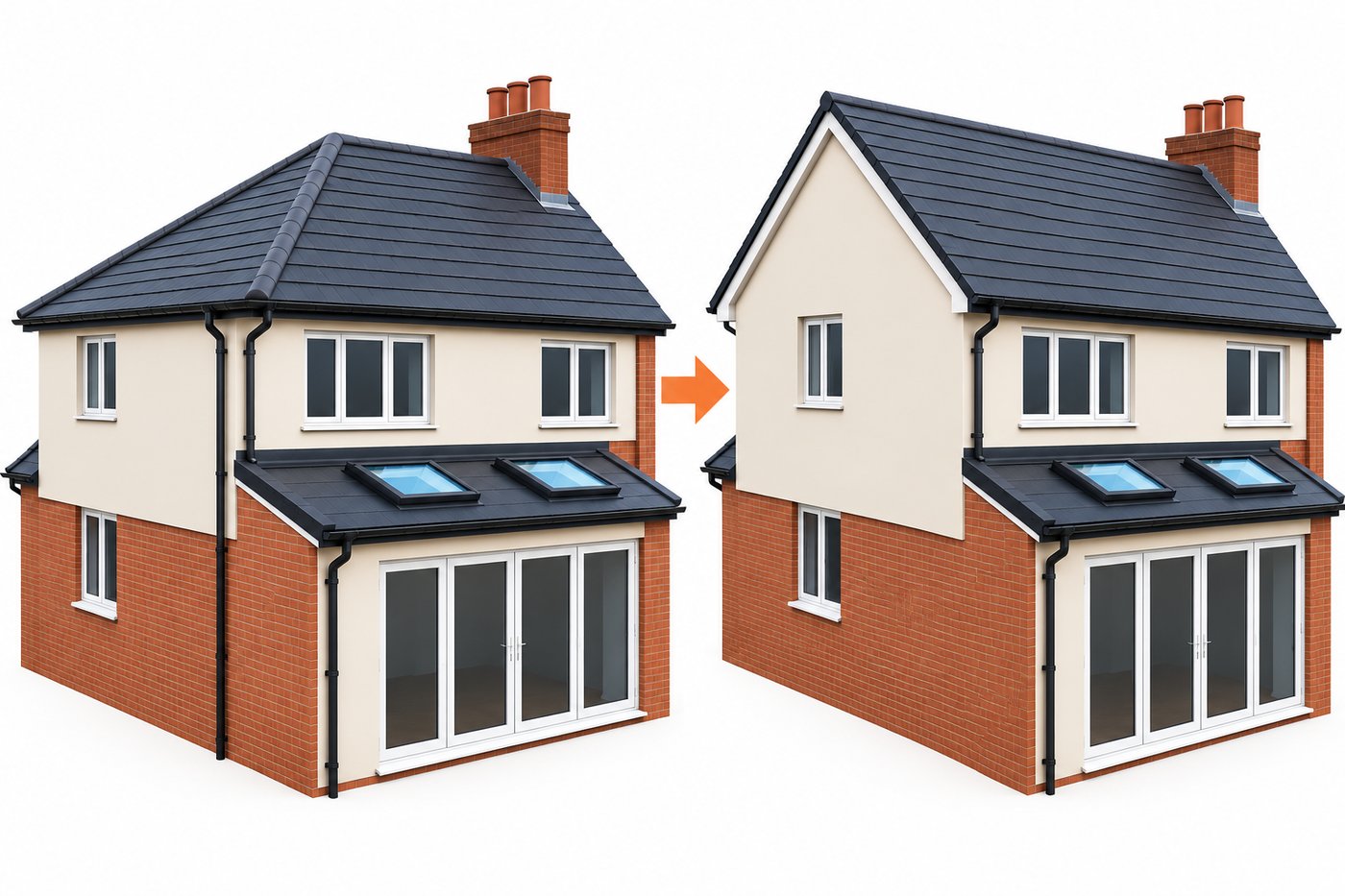 Before and after illustration of a hip-to-gable loft conversion: the sloping hipped end of the roof is rebuilt as a vertical gable wall, creating more usable loft space.