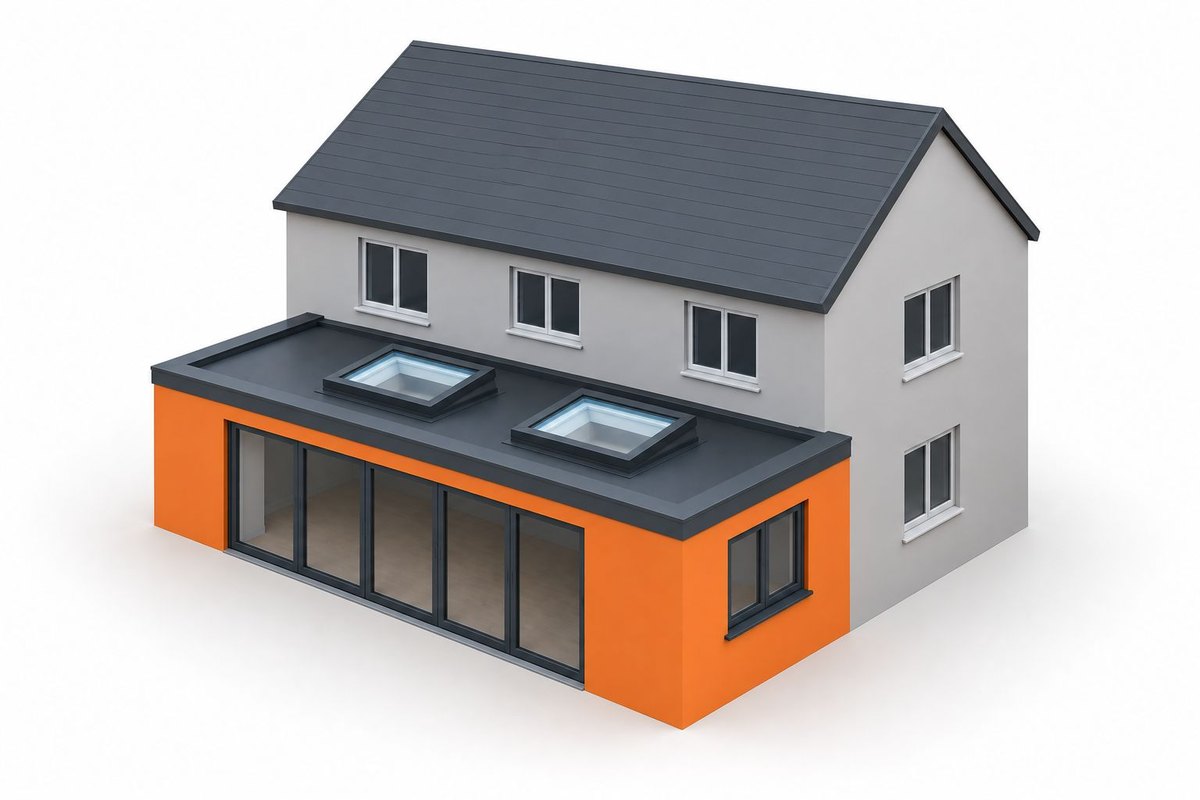 Illustration of Velux roof windows set into the existing roof slope.